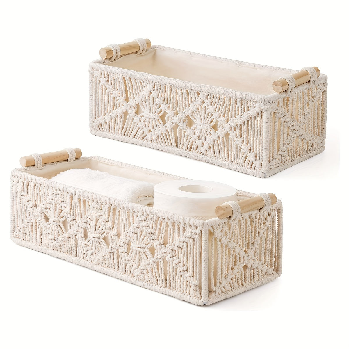 Set med 2 Handgjorda Macramé Förvaringskorgar – Boho Chic för Stilig Organisation