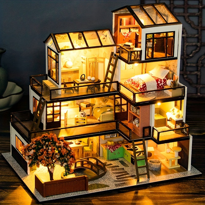 Miniatyrvilla 3D Pusselkit – Handgjord Modell med LED-belysning och Detaljerat Inre