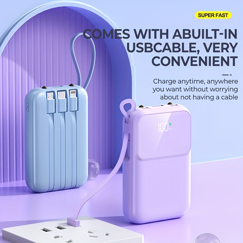 Ultimat Bärbar Power Bank 10000mAh - Snabbladdning med Inbyggda Kablar