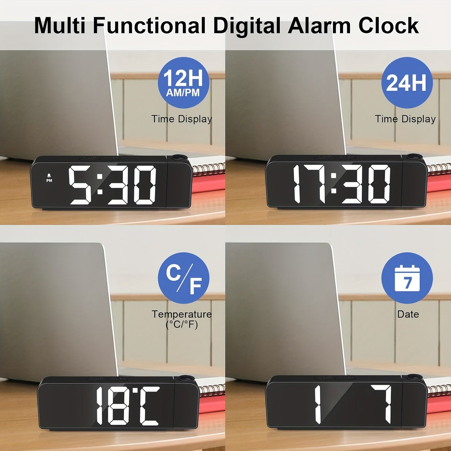 LED-projektionsväckarklocka – Temperatur- och datavisning med USB-ström