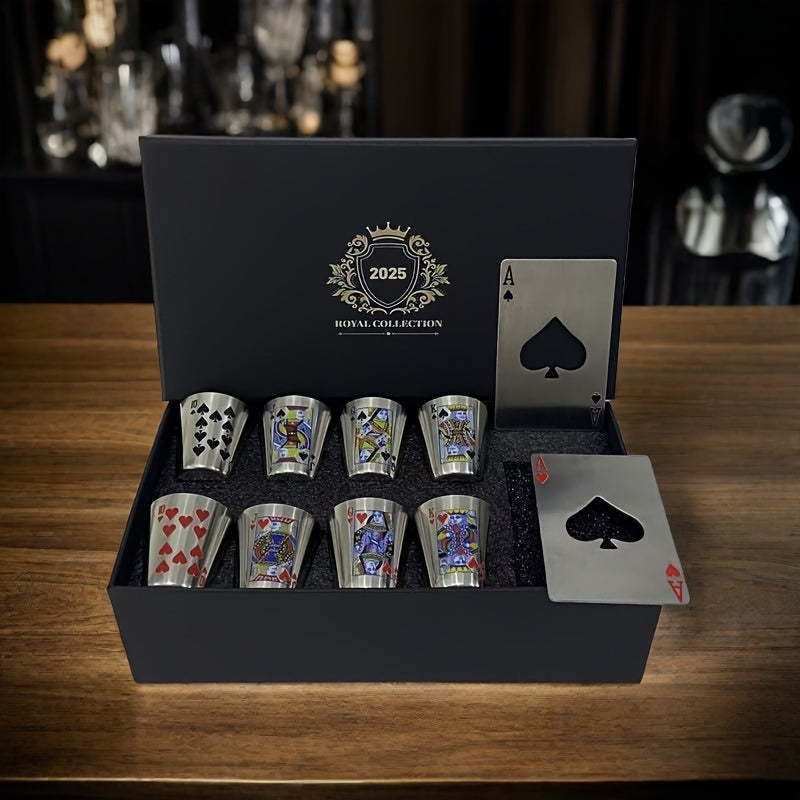 Royal Playing Cards Whiskeyglas Set – Rostfritt Stål & Flasköppnare
