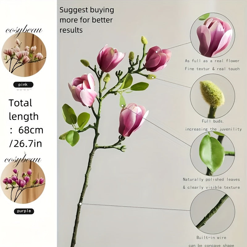 Set med 4 Realistiska Magnol blommor – Elegant och Tidlös för Bröllop och Lyxig Dekoration