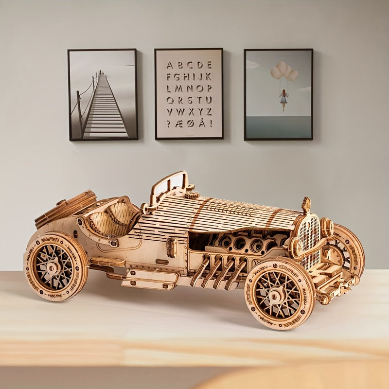 Vintage 3D Träbil Pussel – Mekanisk Modell med Växlar och Detaljerad Design
