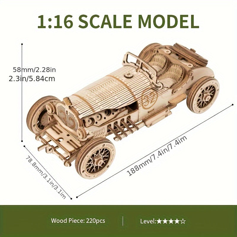 Vintage 3D Träbil Pussel – Mekanisk Modell med Växlar och Detaljerad Design