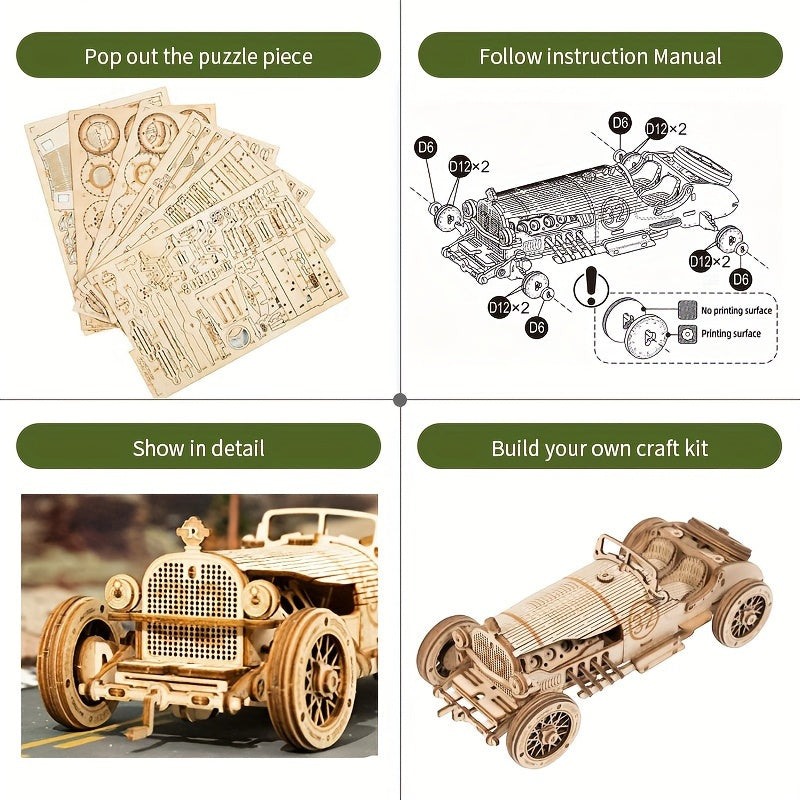 Vintage 3D Träbil Pussel – Mekanisk Modell med Växlar och Detaljerad Design