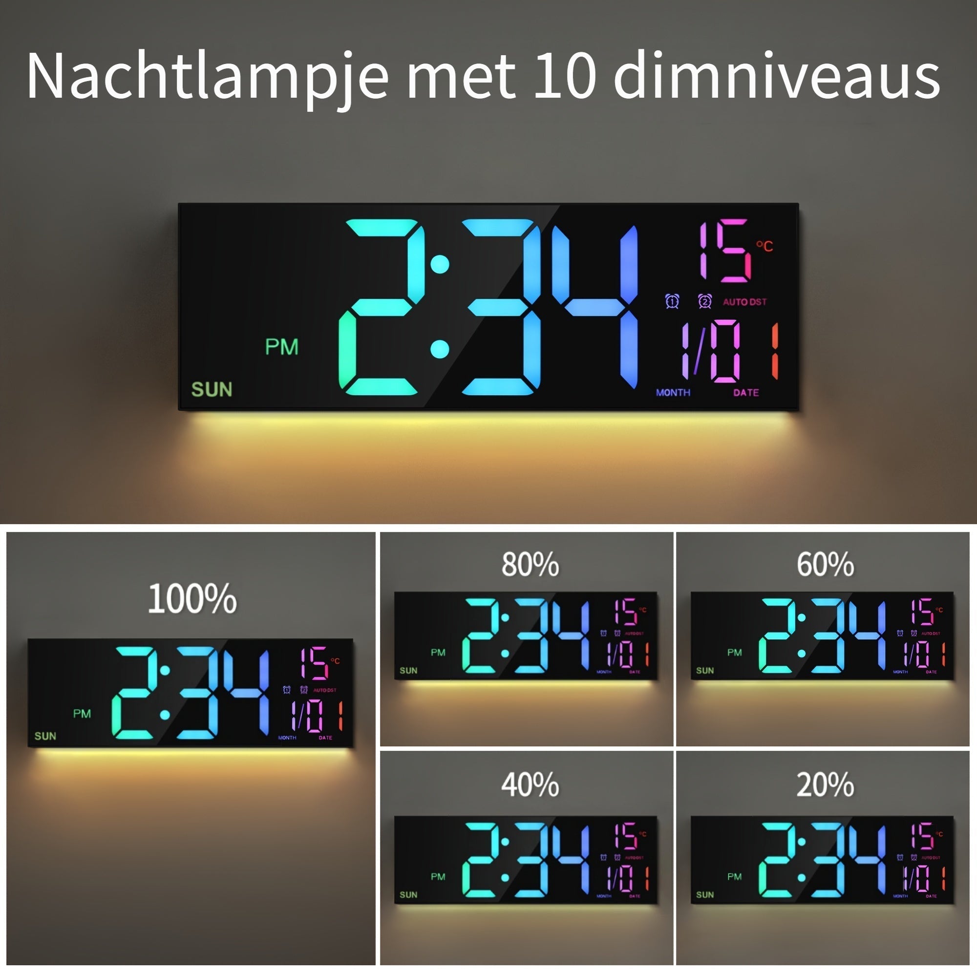 LumiWall Digital Väckarklocka – Stor, Färgglad och Lätt att Läsa