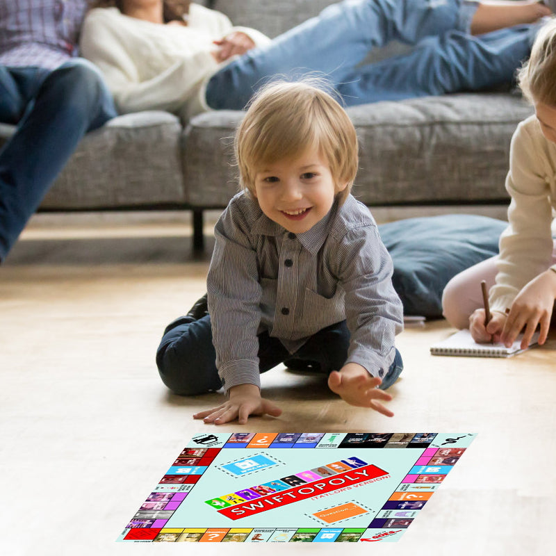 Musikbaserat brädspel med sångkort och Monopolpengar för spelkvällar