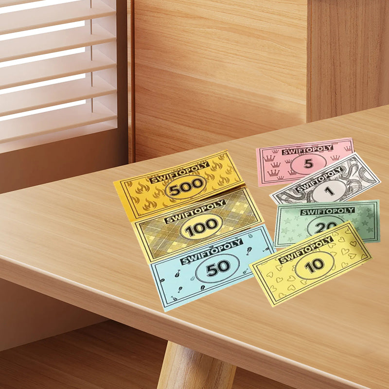 Musikbaserat brädspel med sångkort och Monopolpengar för spelkvällar