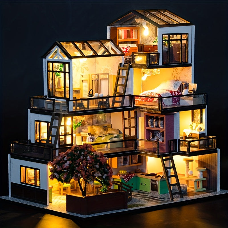 Miniatyrvilla 3D Pusselkit – Handgjord Modell med LED-belysning och Detaljerat Inre