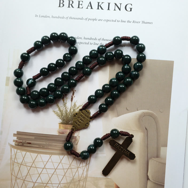 Moss Agate Helgonmedalj Kors Hänge Rosenkrans Halsband – Celeste