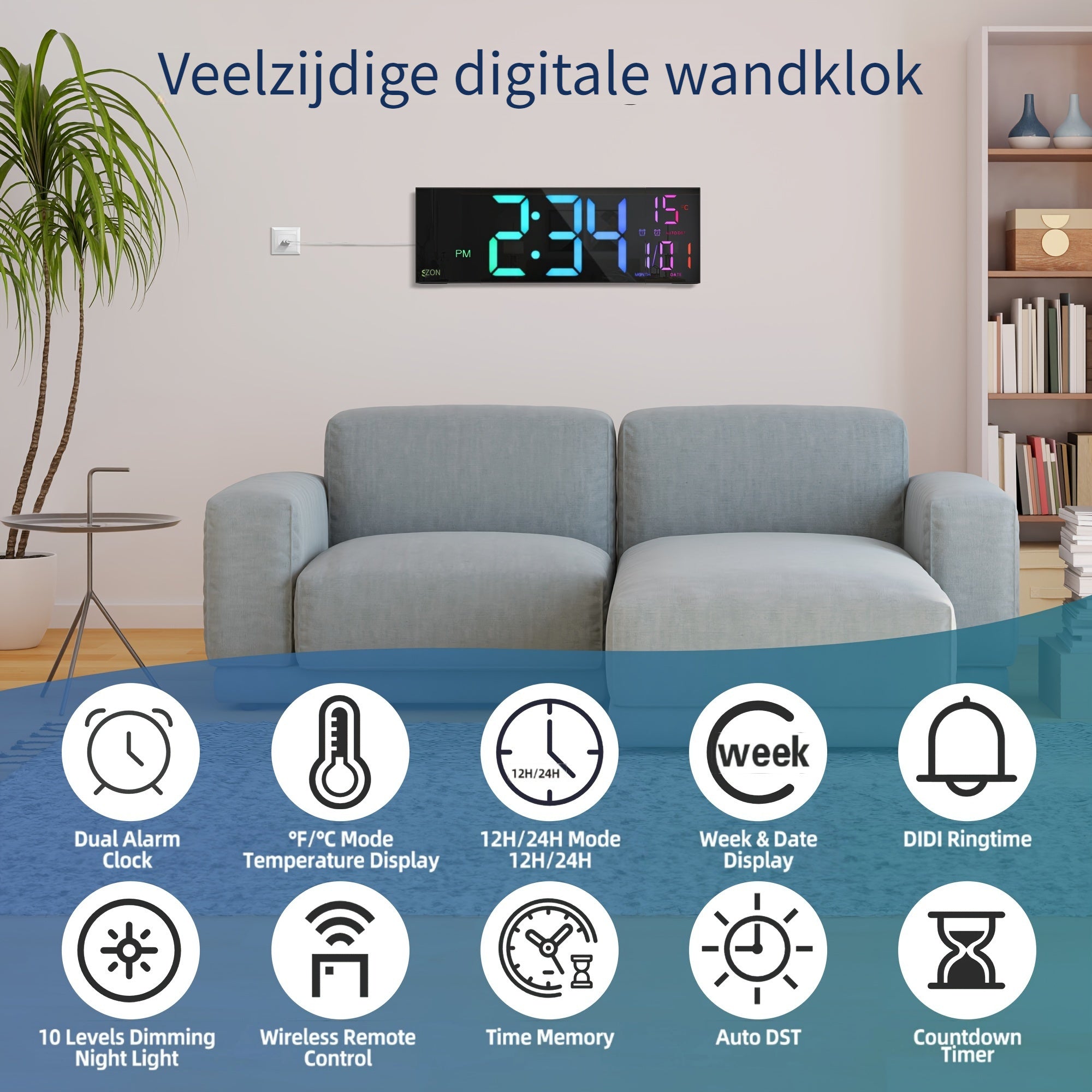 LumiWall Digital Väckarklocka – Stor, Färgglad och Lätt att Läsa