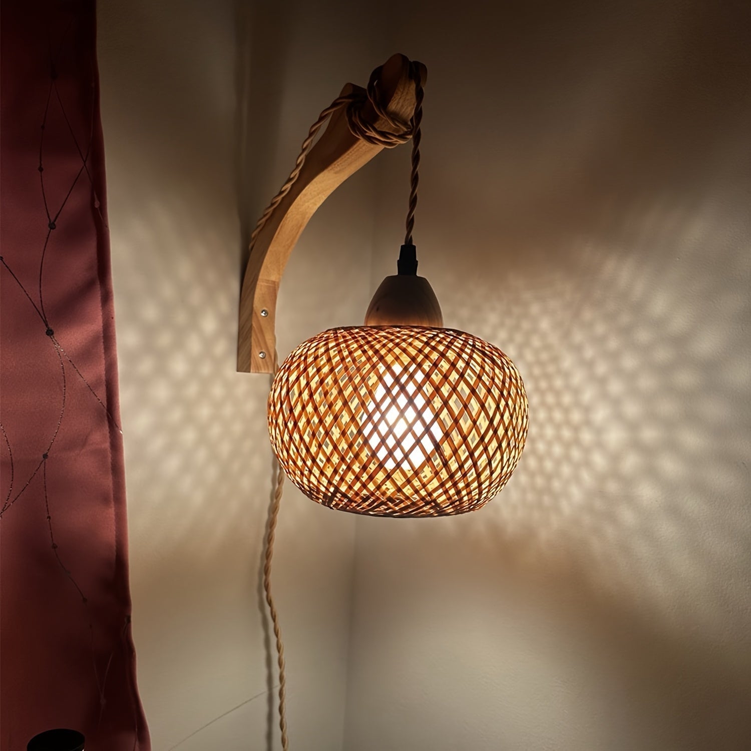 Rustik Bambu Vägglampa – Vävda Skugga med Kontakt Vintage Stil