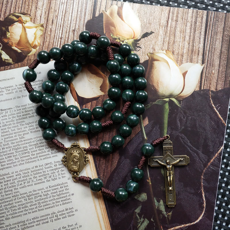 Moss Agate Helgonmedalj Kors Hänge Rosenkrans Halsband – Celeste