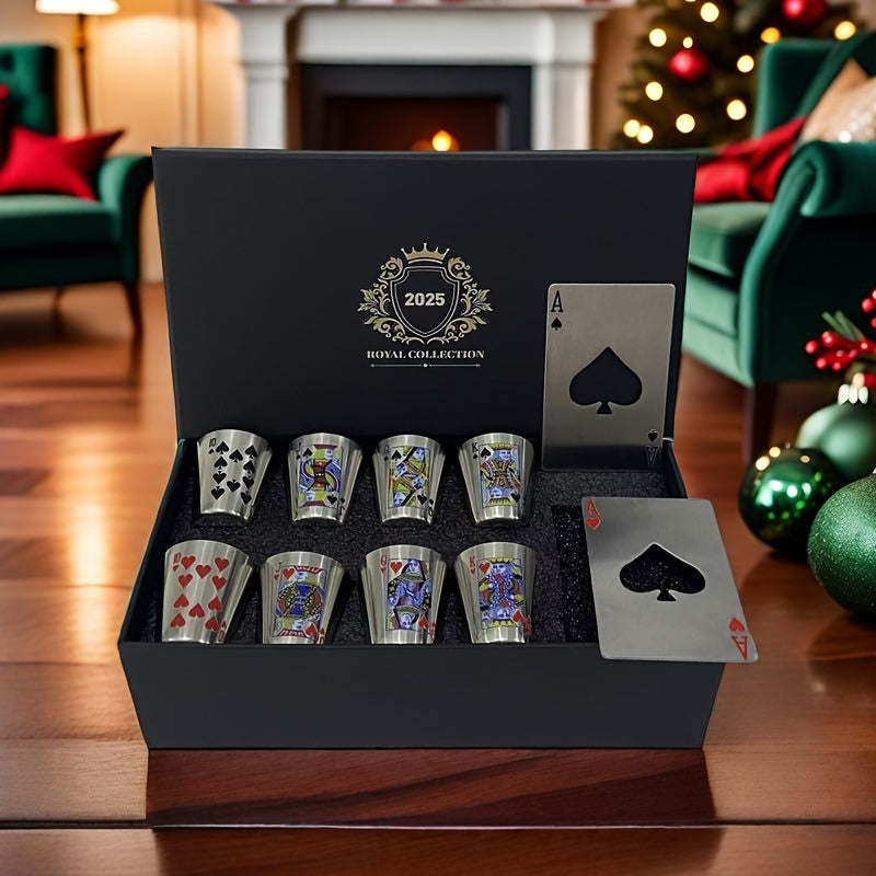 Royal Playing Cards Whiskeyglas Set – Rostfritt Stål & Flasköppnare
