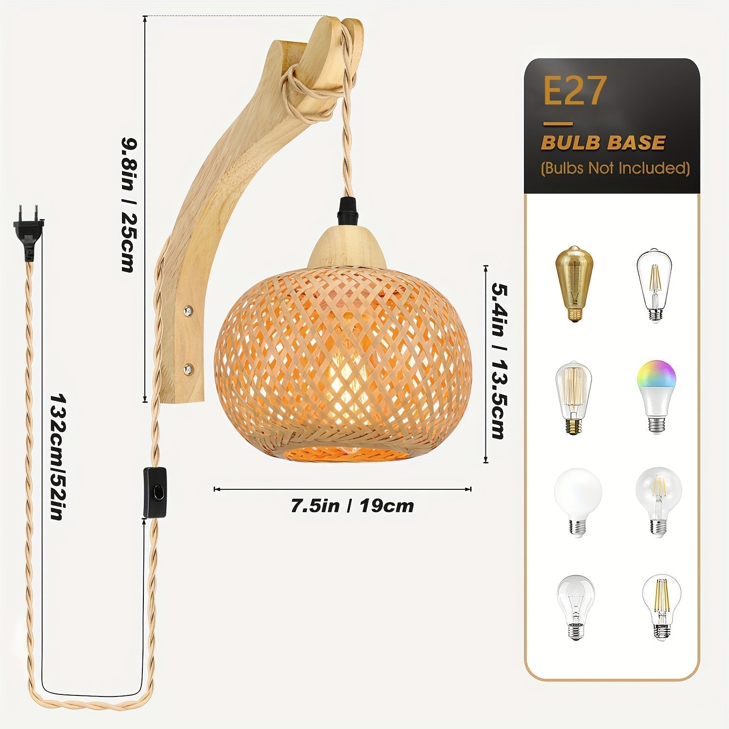 Rustik Bambu Vägglampa – Vävda Skugga med Kontakt Vintage Stil