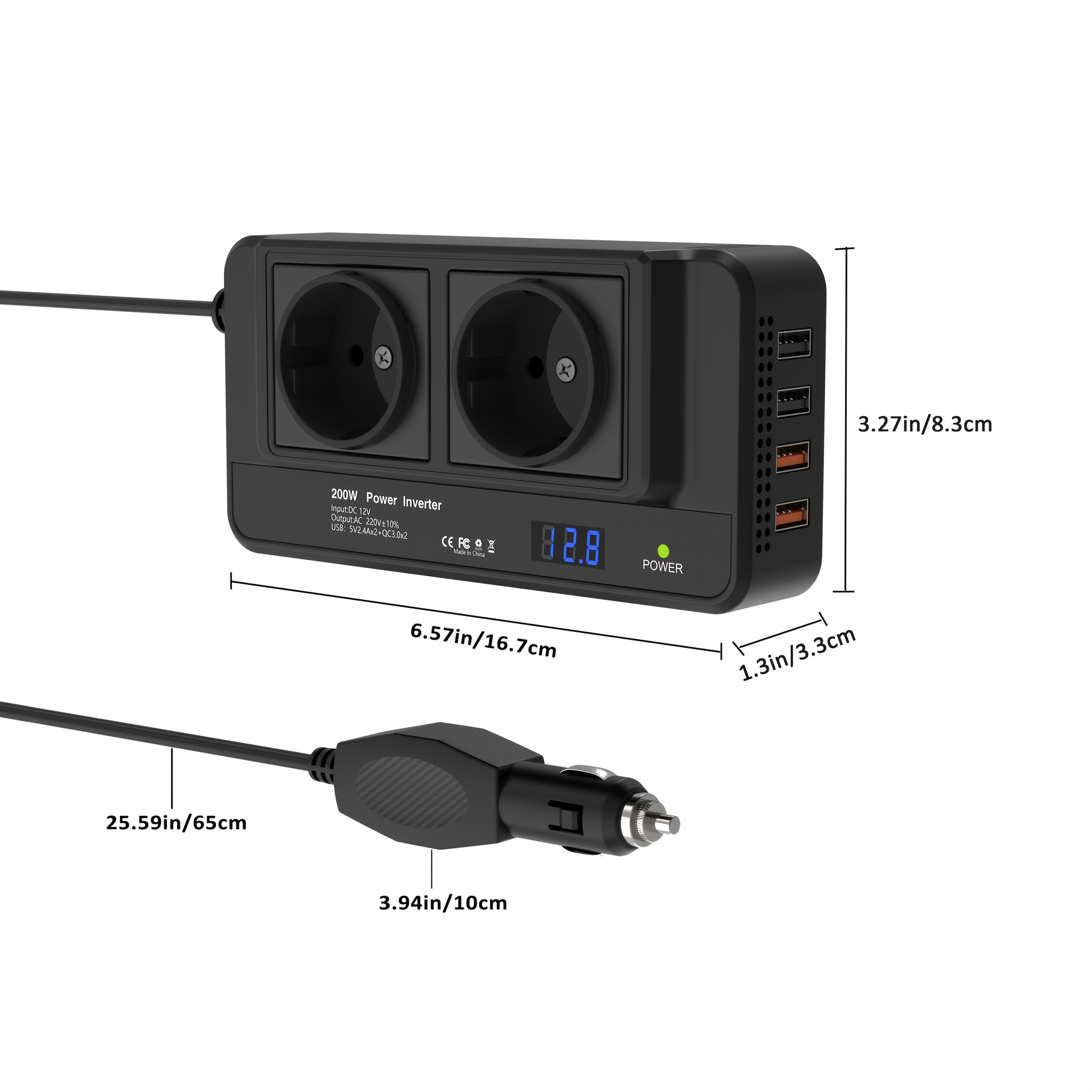 Kompakt 200W Bilomvandlare – Dubbeluttag & Fyrdubbel USB
