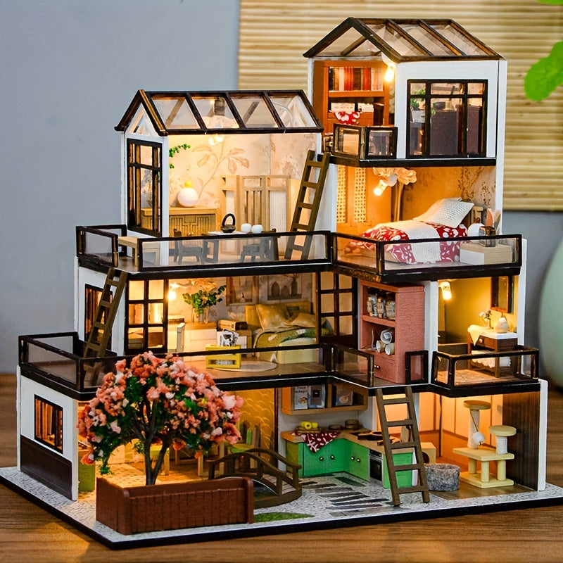 Miniatyrvilla 3D Pusselkit – Handgjord Modell med LED-belysning och Detaljerat Inre