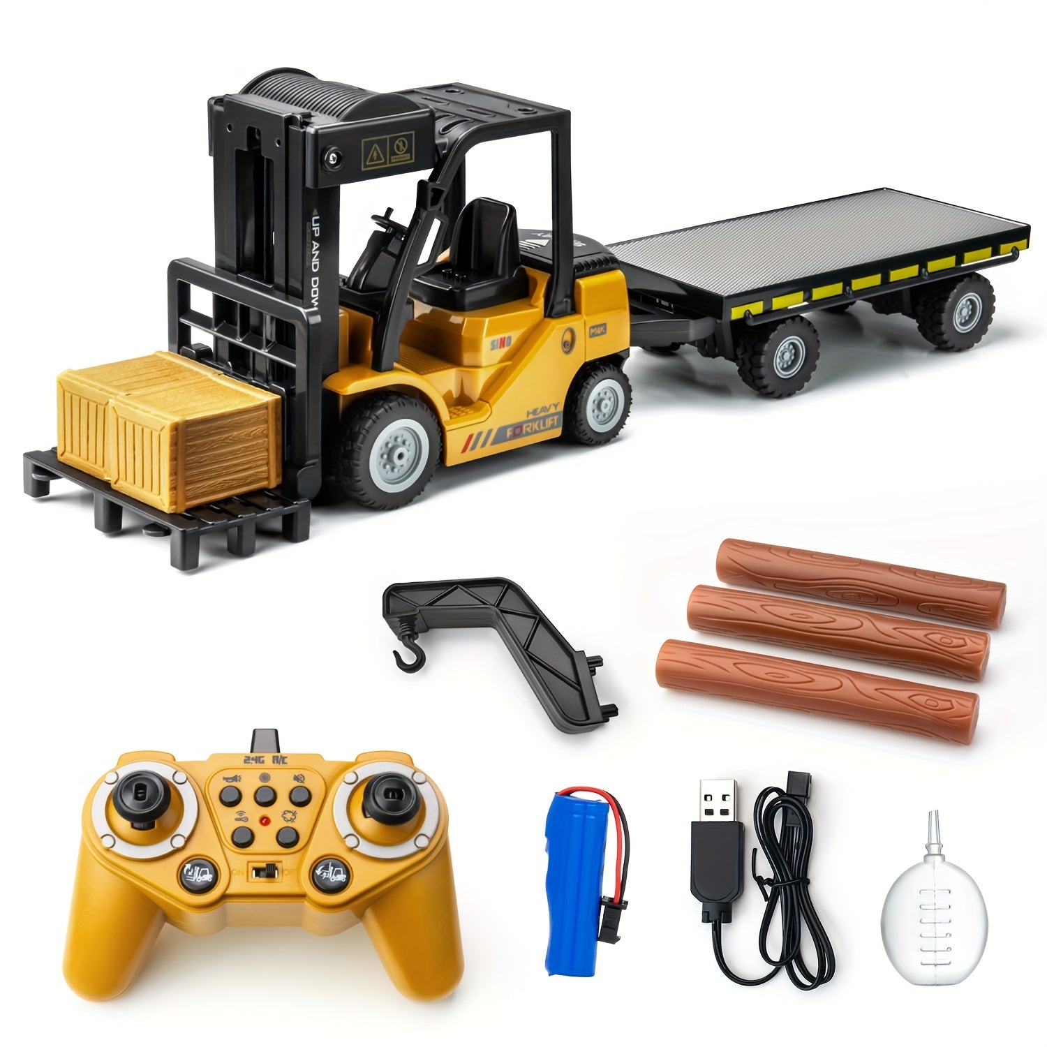 Tungt fjärrstyrt gaffeltruck – 1:24 skala med ljus och släp
