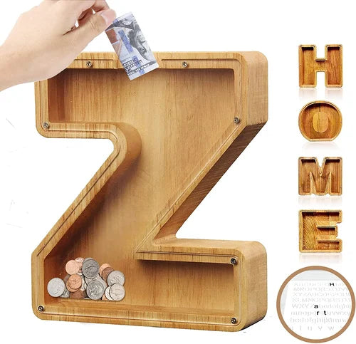 TreasureNest Myntbank | Personlig träbesparingslåda i A-Z bokstavsdesign