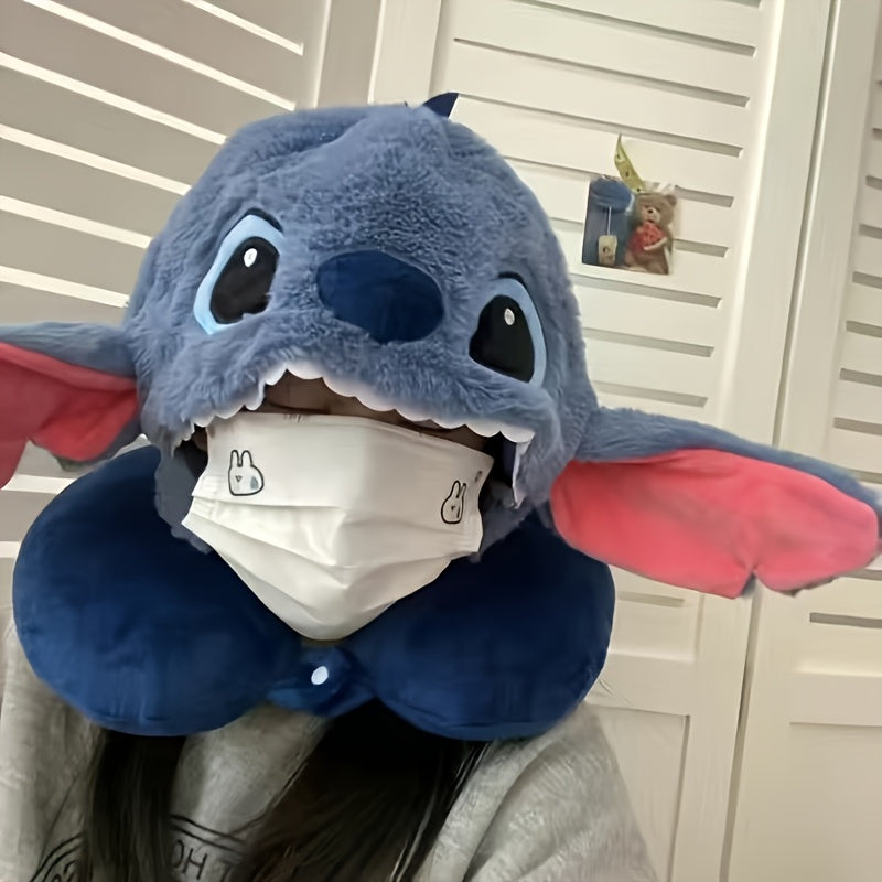 Plush Stitch Resekudde med Huva - Bekväm U-formad Kudde med Öronlappar