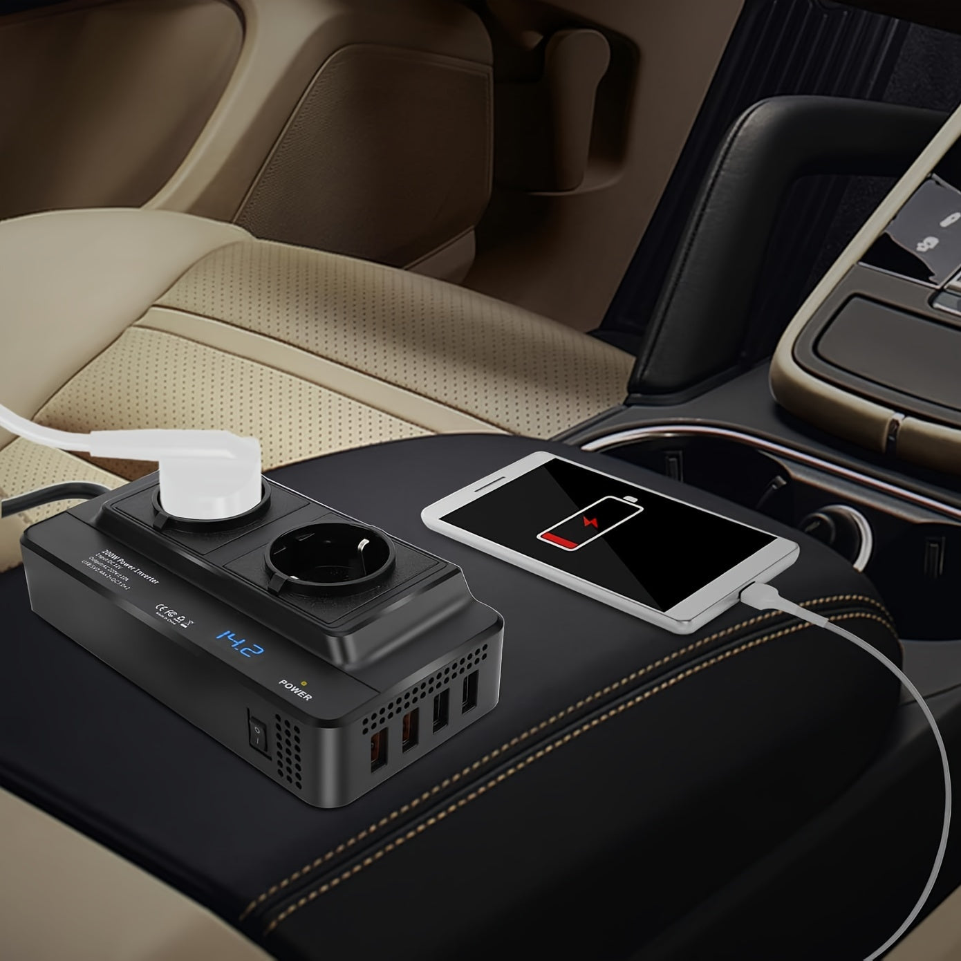 Kompakt 200W Bilomvandlare – Dubbeluttag & Fyrdubbel USB