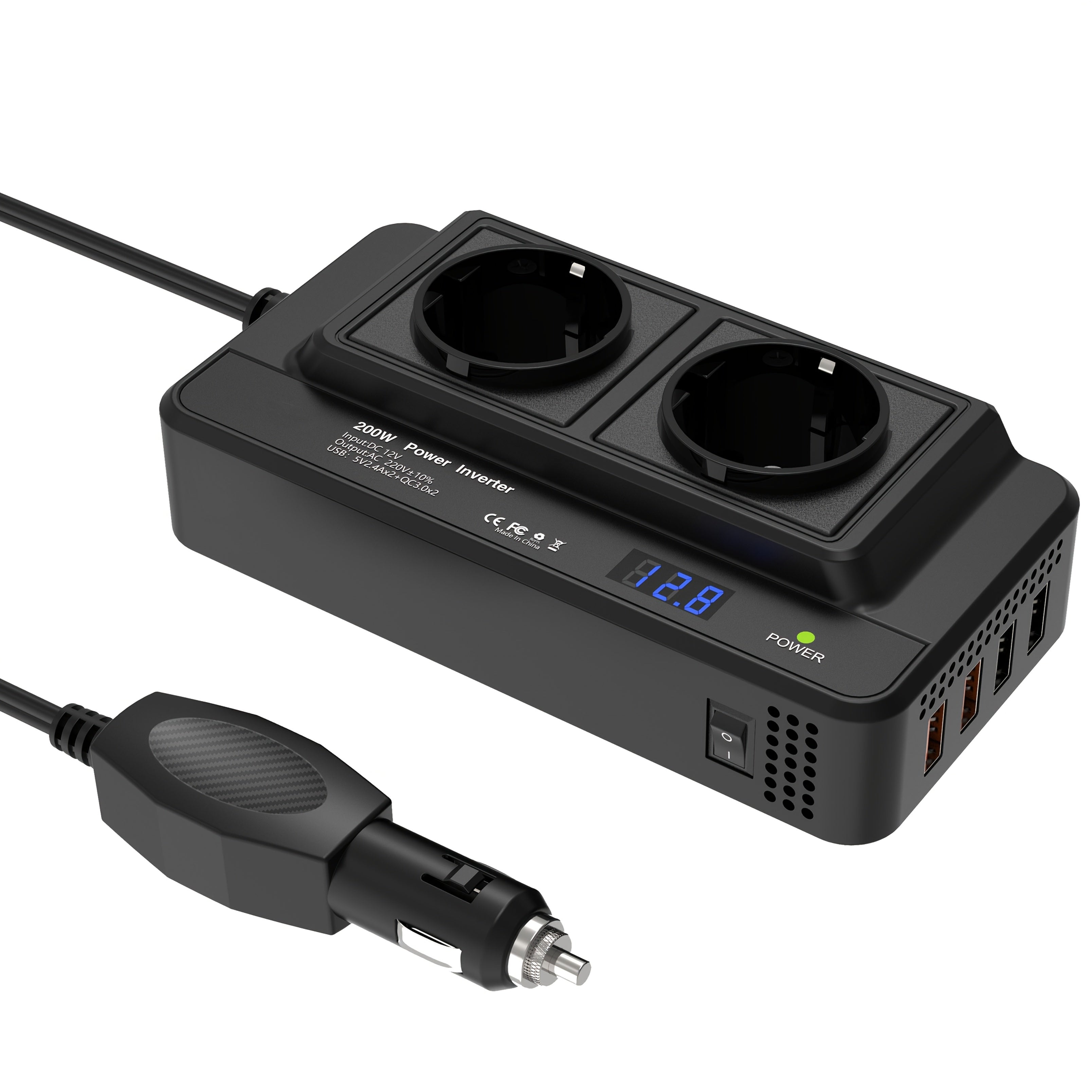 Kompakt 200W Bilomvandlare – Dubbeluttag & Fyrdubbel USB