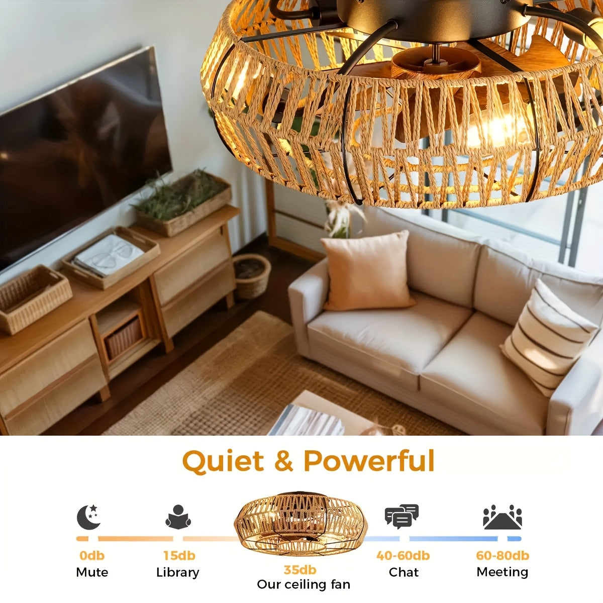 Handvävd Rattan Takfläkt – Zen Stil och Funktionalitet