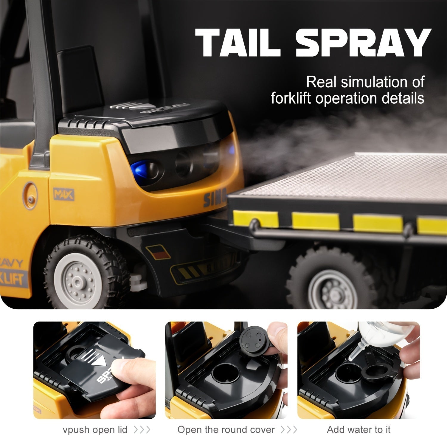 Tungt fjärrstyrt gaffeltruck – 1:24 skala med ljus och släp