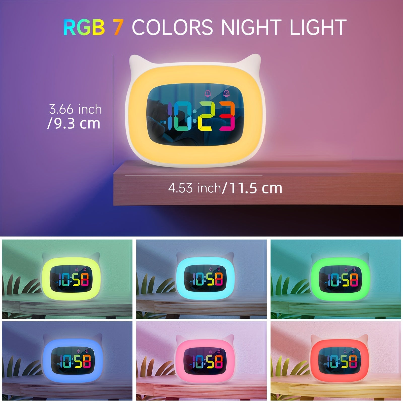 Söta Katthörns Väckarklocka – RGB Nattljus med 18 Melodier och USB-laddningsbar
