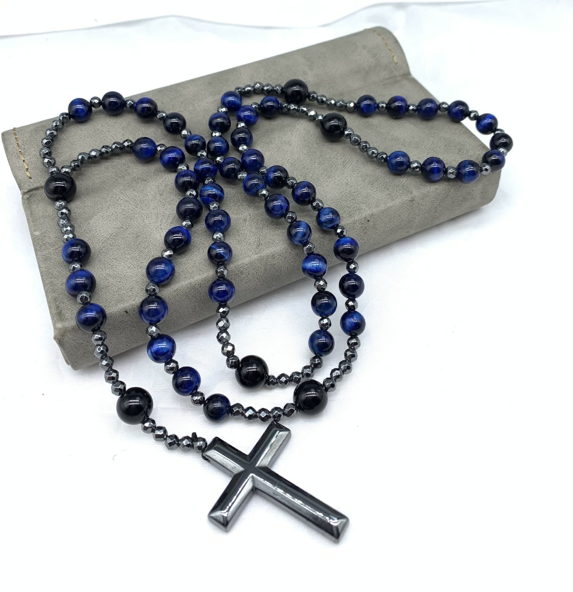 Tigeröga och Lapis Lazuli Kors Rosenkranshalsband för Män – Orion
