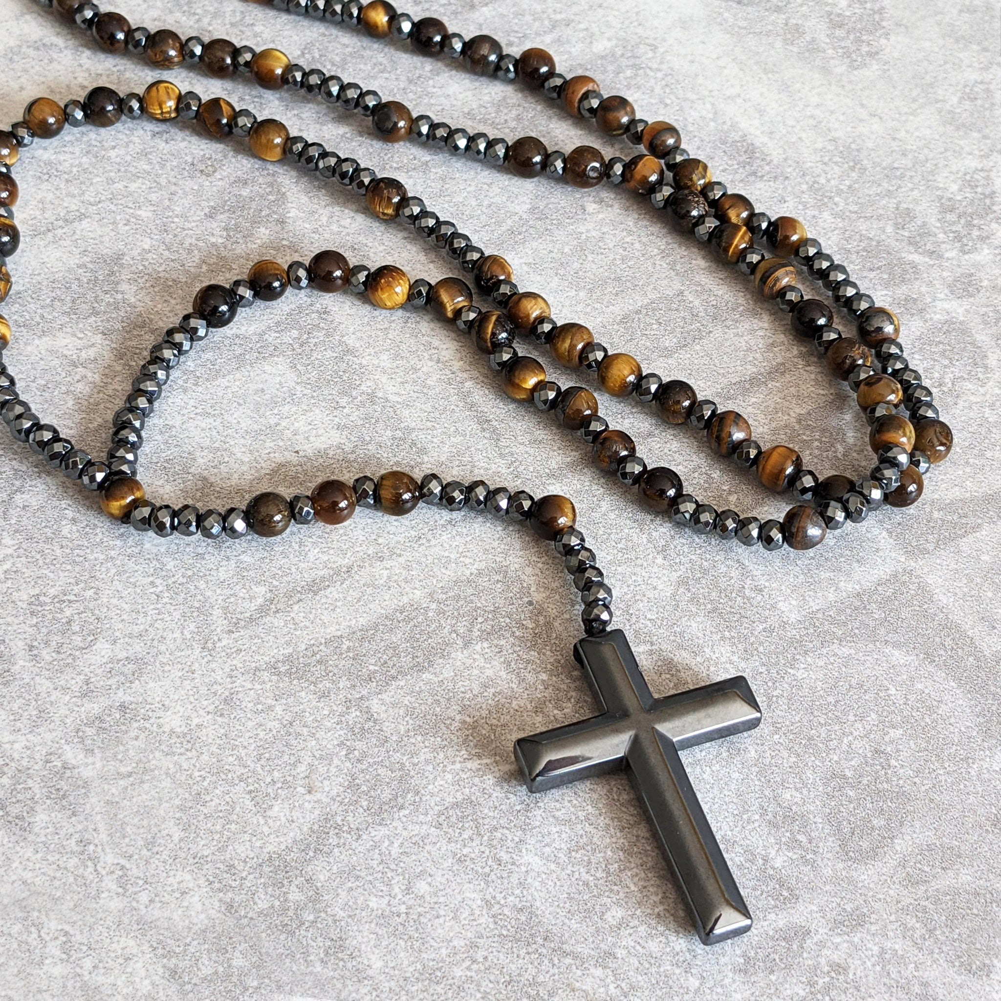 Tigeröga och Lapis Lazuli Kors Rosenkranshalsband för Män – Orion