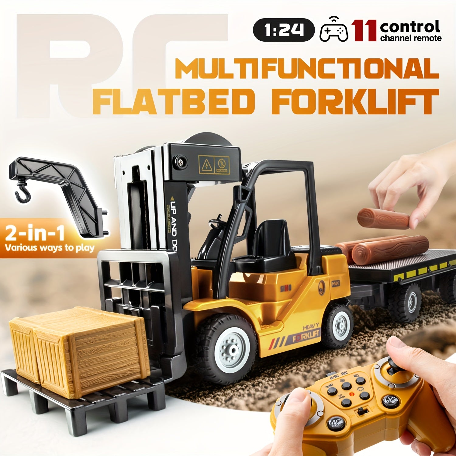 Tungt fjärrstyrt gaffeltruck – 1:24 skala med ljus och släp