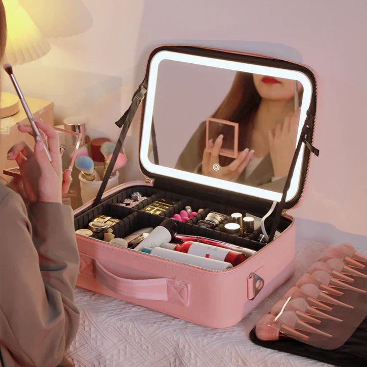GlowLuxe LED Sminkväska | Bärbar skönhetsorganisatör med justerbar LED-spegel för perfekt resultat