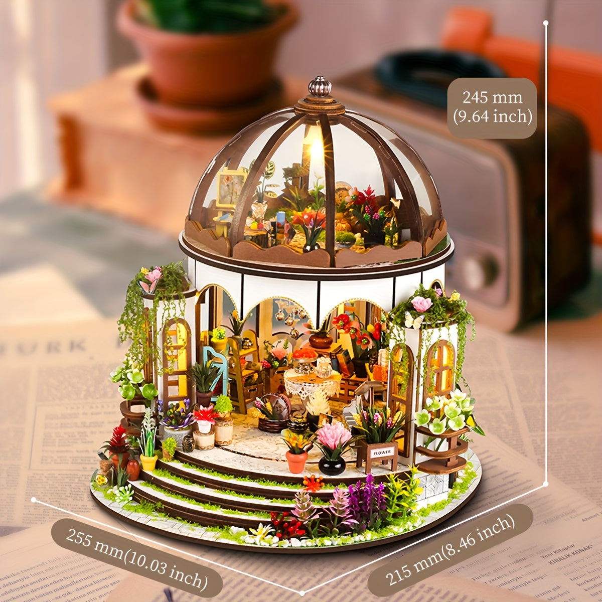 Miniatyr Blomhus – 3D Träpussel med LED-belysning och Detaljerad Trädgård