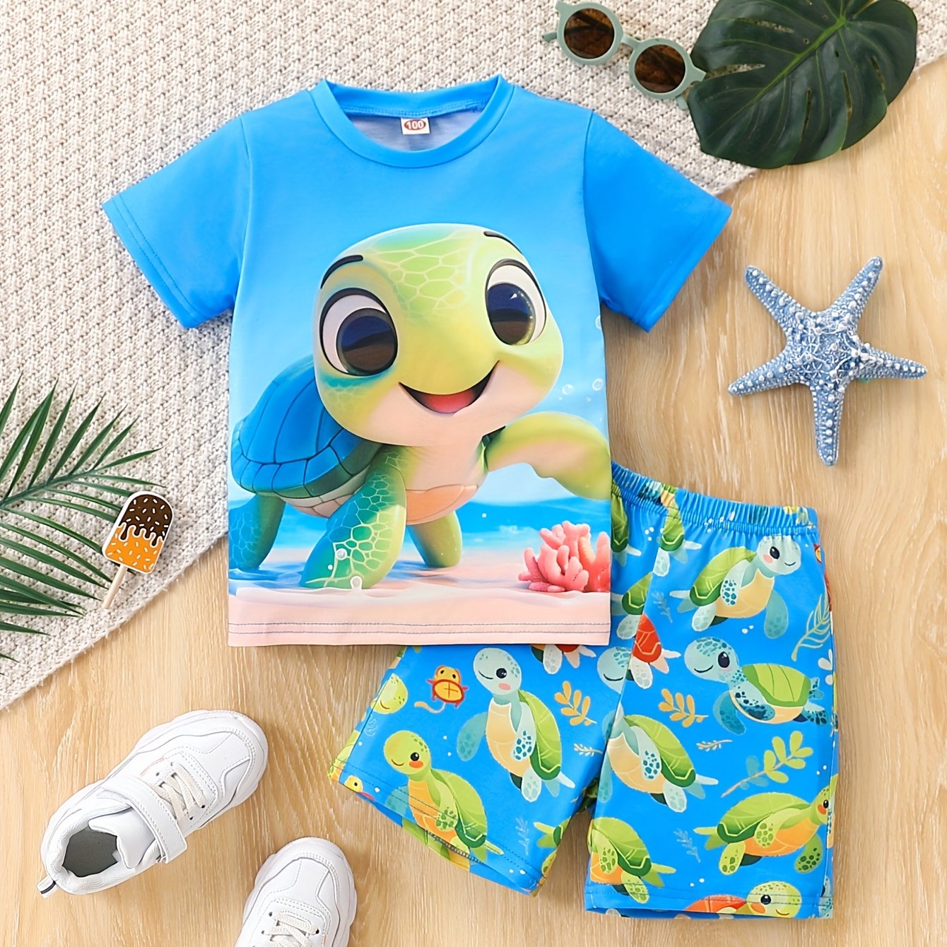 Sköldpaddsprint Sommarset – Avslappnad T-shirt och Shorts för Pojkar