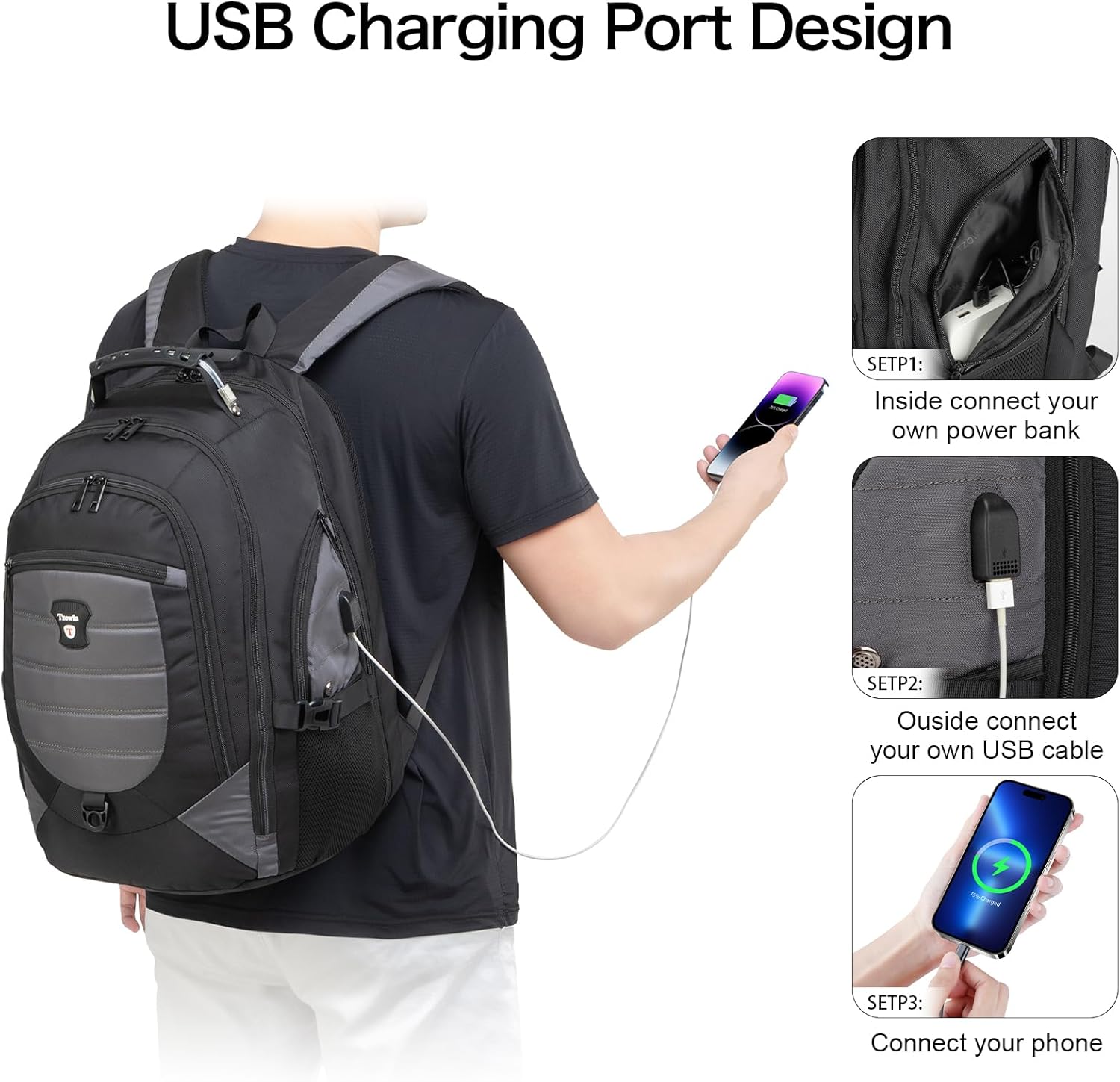 Vattentät anti-tjuv laptop- och rese-ryggsäck med USB-port – 43,94 cm