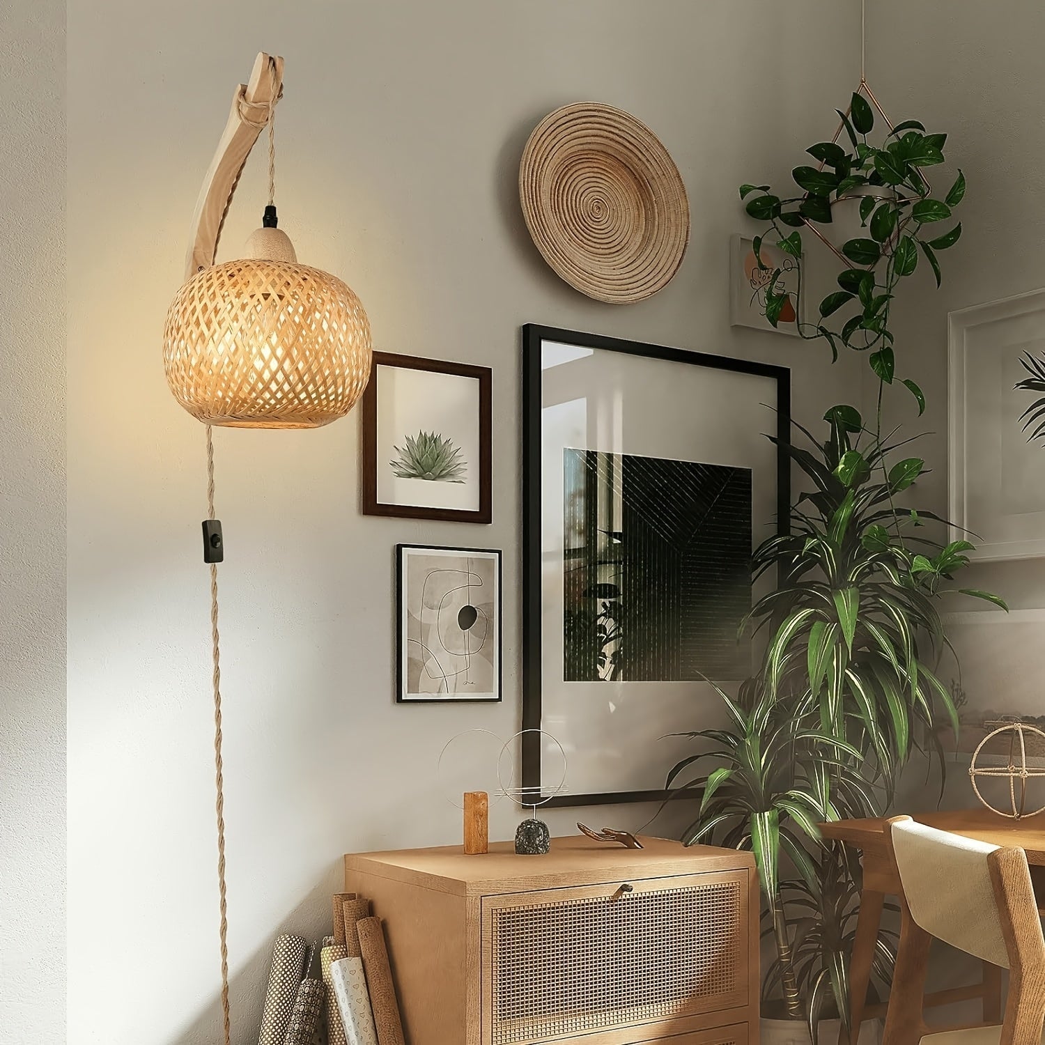 Rustik Bambu Vägglampa – Vävda Skugga med Kontakt Vintage Stil