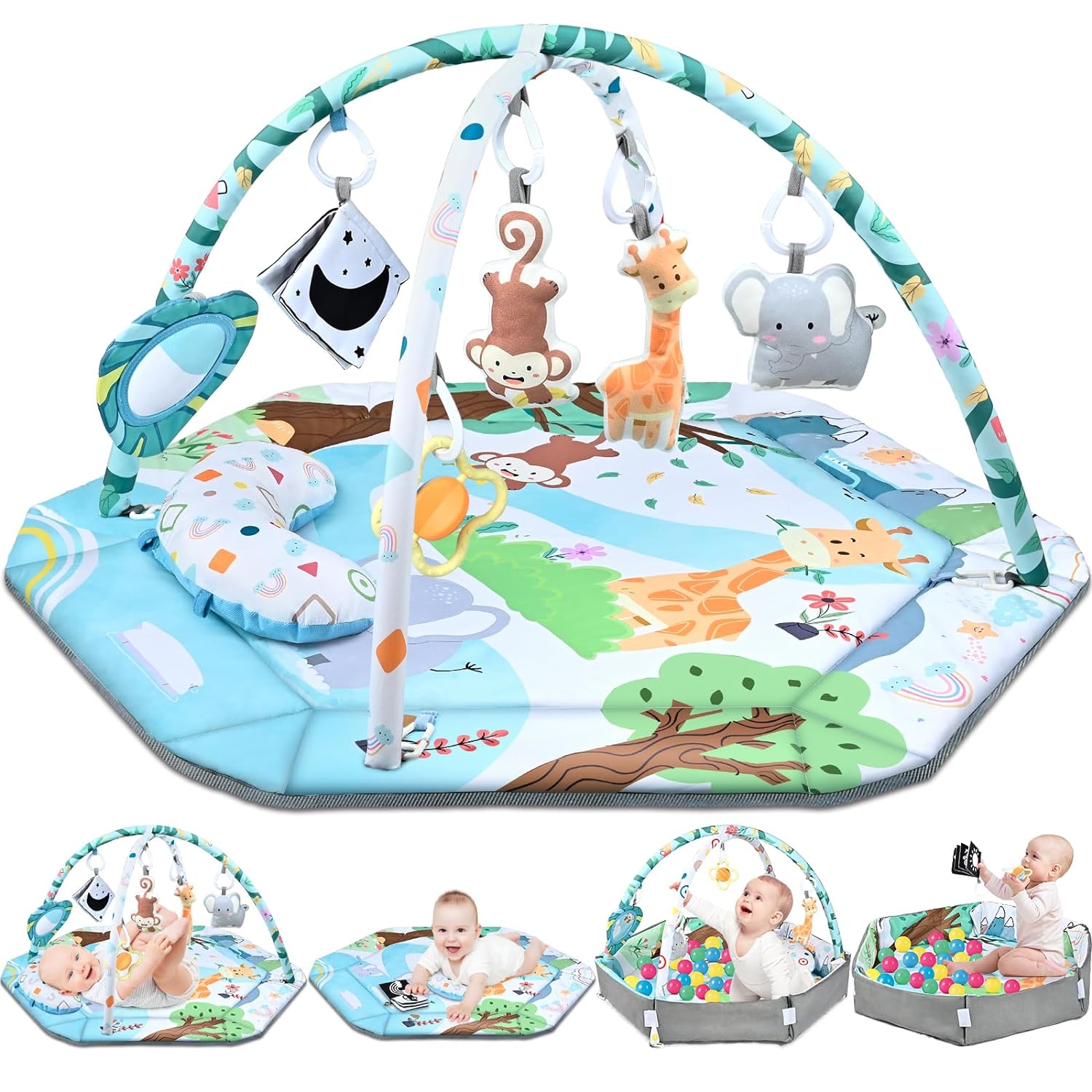8-i-1 Baby Gym & Bollhav - Tvättbar Lekmatta med Leksaker