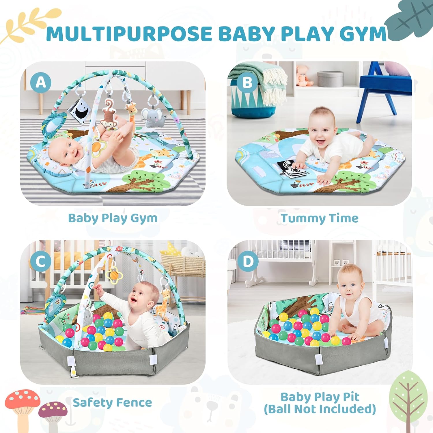 8-i-1 Baby Gym & Bollhav - Tvättbar Lekmatta med Leksaker
