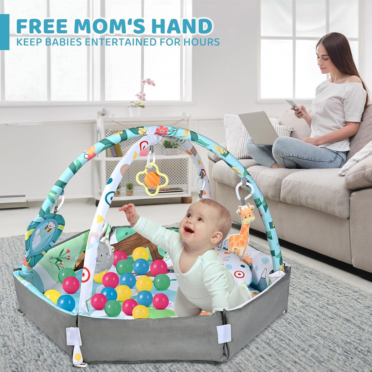 8-i-1 Baby Gym & Bollhav - Tvättbar Lekmatta med Leksaker