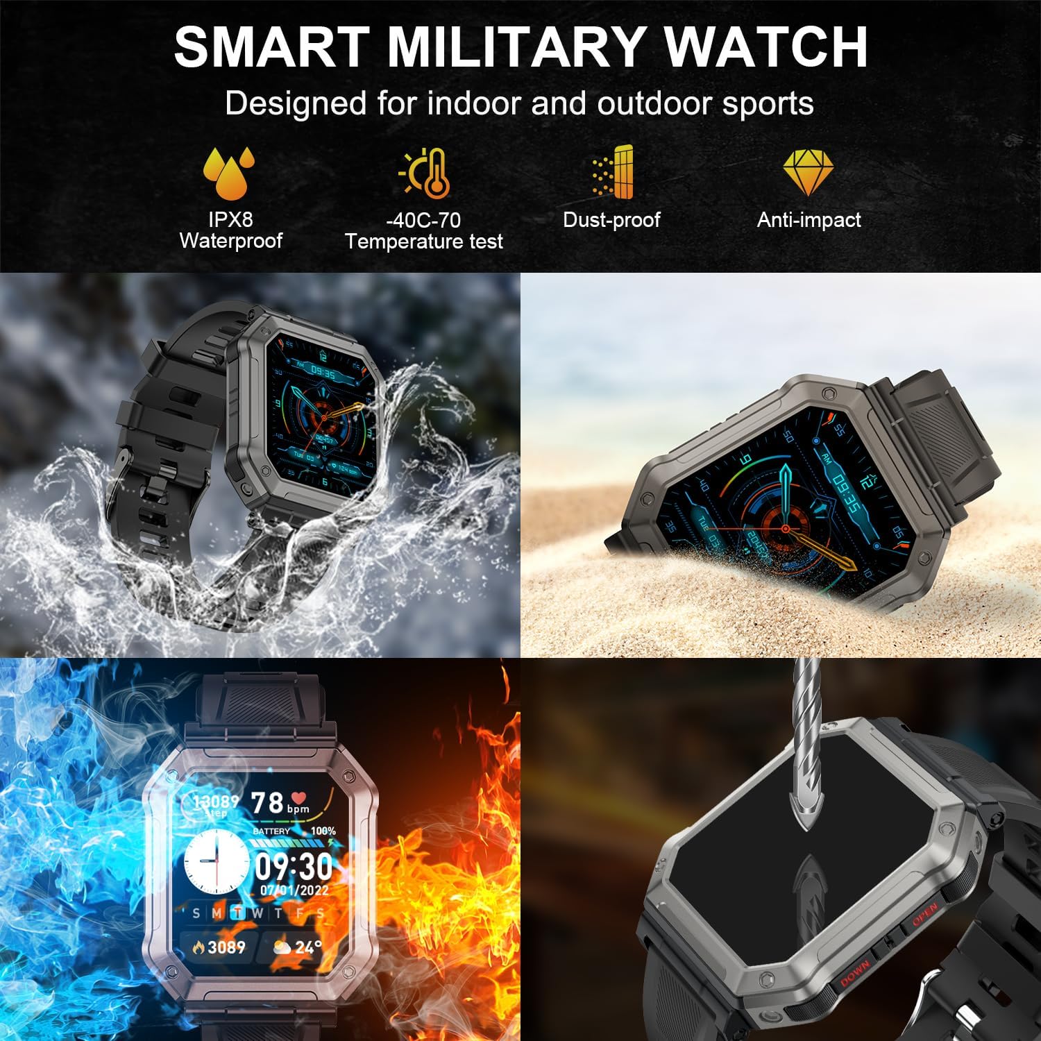 Militär Smartwatch för Män med Fitness Tracker – Wayne