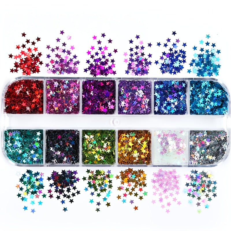 12 Färger Stjärnsequins – Glittrande Sequins i Lång Låda för DIY och Scrapbooking