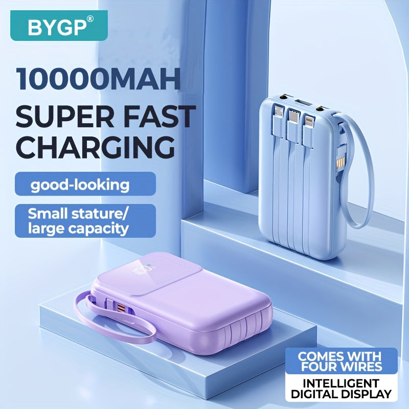 Ultimat Bärbar Power Bank 10000mAh - Snabbladdning med Inbyggda Kablar