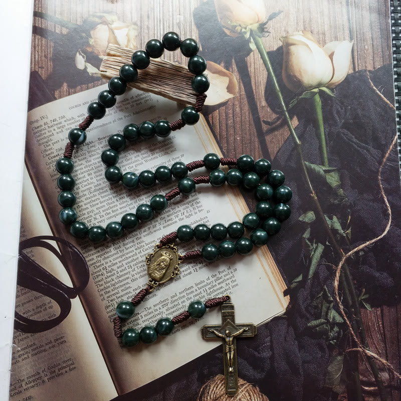 Moss Agate Helgonmedalj Kors Hänge Rosenkrans Halsband – Celeste