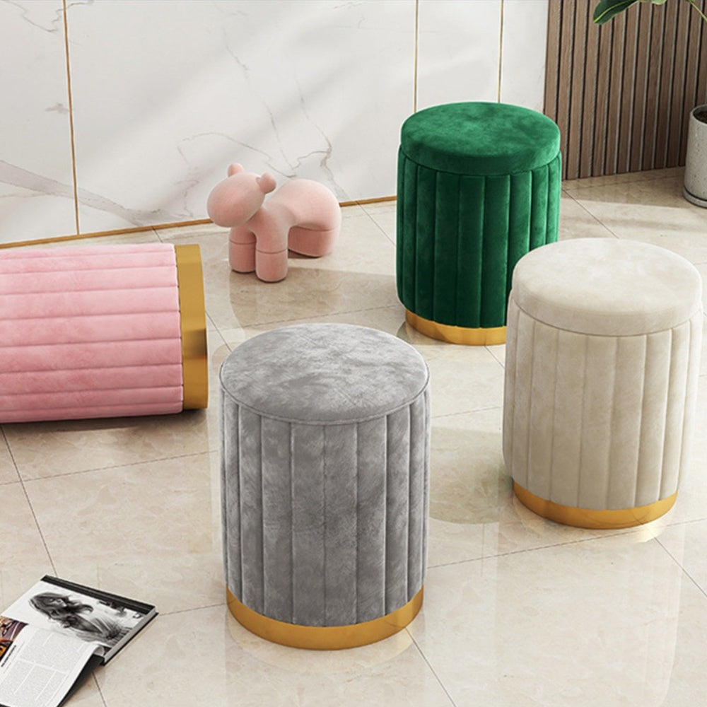 Nordisk Chic Förvaringspuff – Stilig Rund Puff med Förvaring och Spegelfinish