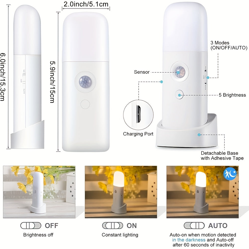 LED Nattlampa med Rörelsesensor – USB Uppladdningsbar och Justerbar Ljusstyrka för Sovrum och Hallar