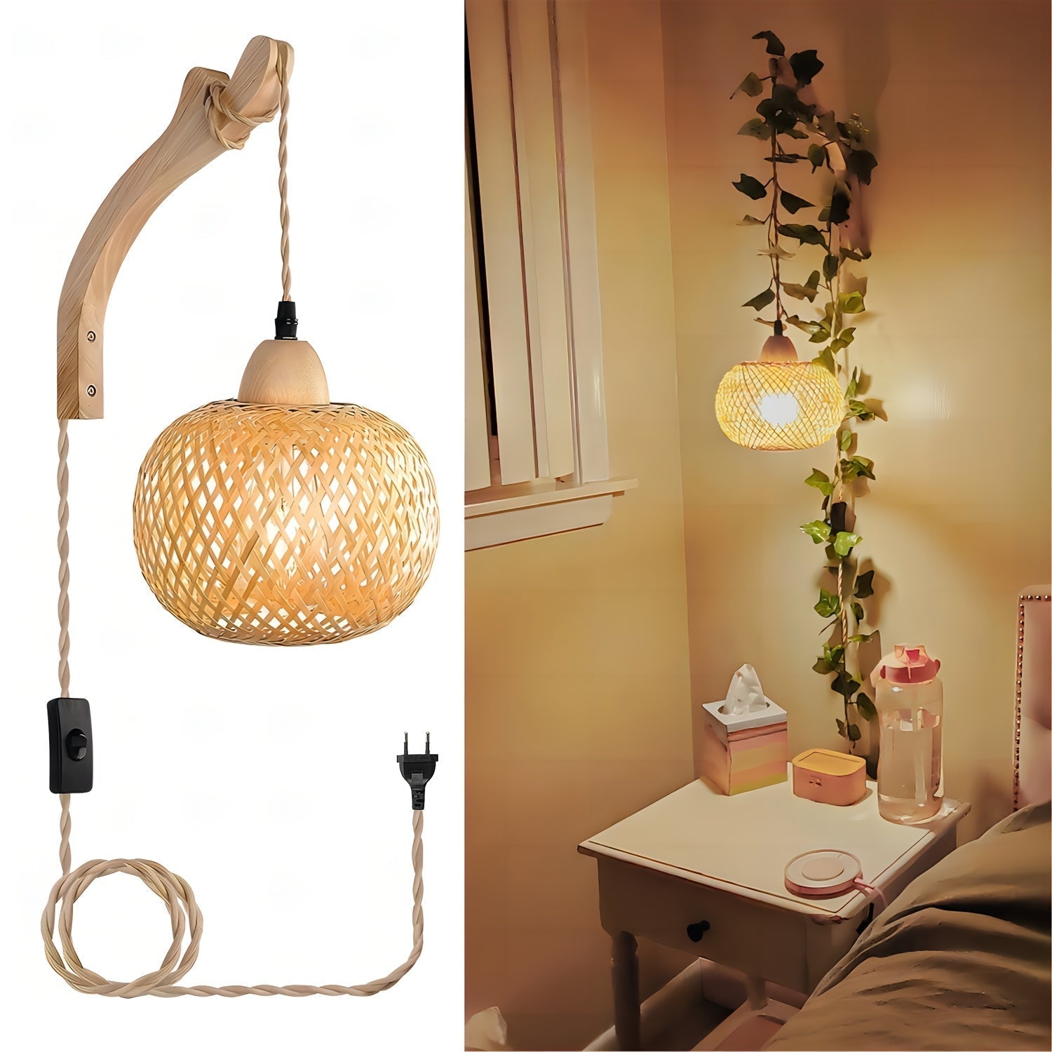 Rustik Bambu Vägglampa – Vävda Skugga med Kontakt Vintage Stil