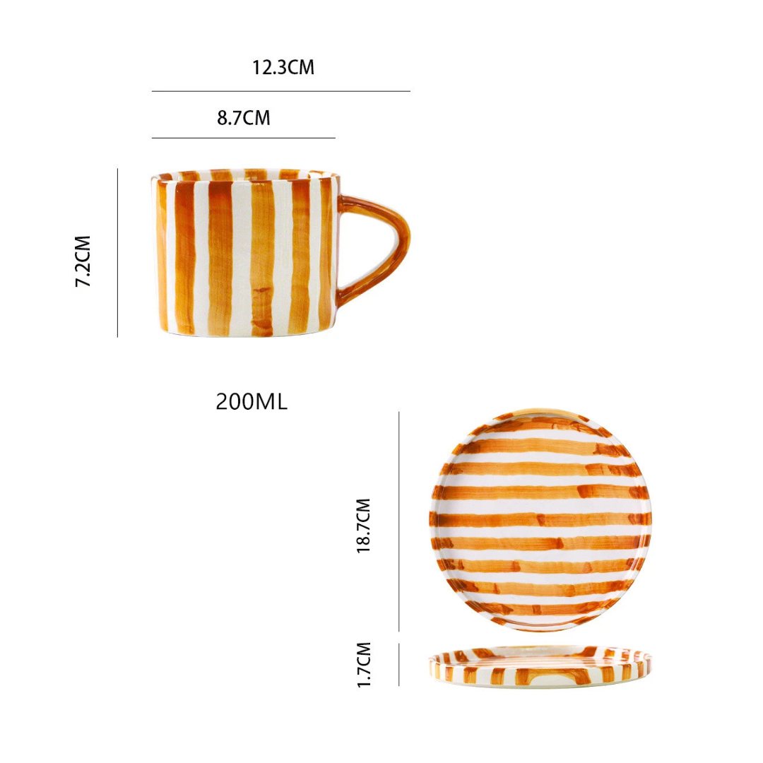 RetroChic Keramisk Kaffeset | Hållbar handmålad mugg och fat för sofistikerade dryckestunder