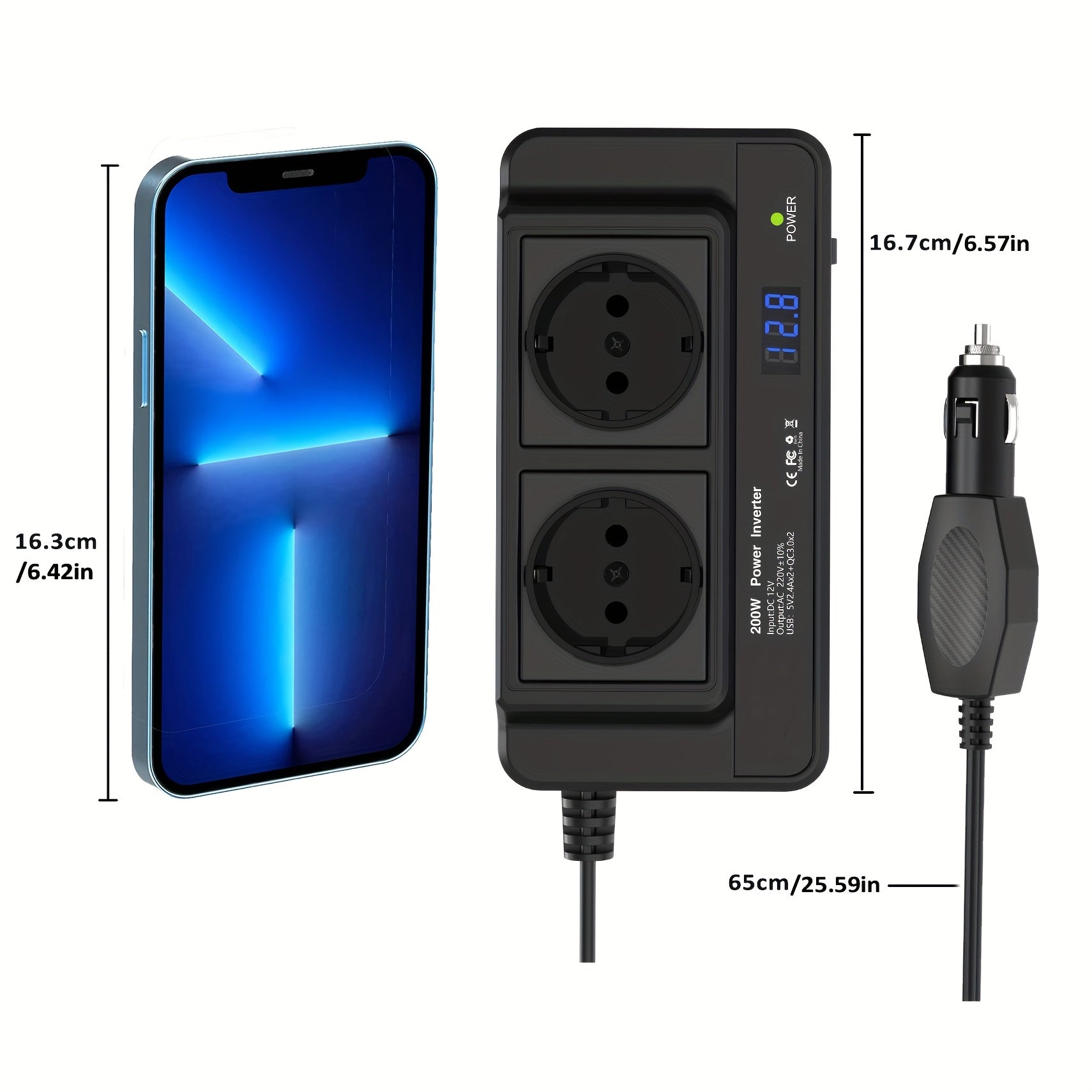 Kompakt 200W Bilomvandlare – Dubbeluttag & Fyrdubbel USB