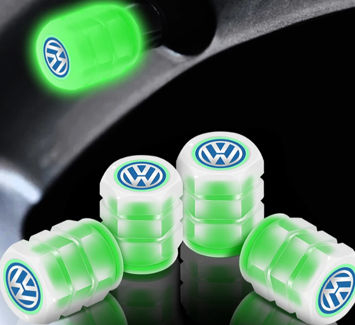 Set med 4 belysta ventilkapslar med logotyp – LuxaGlow